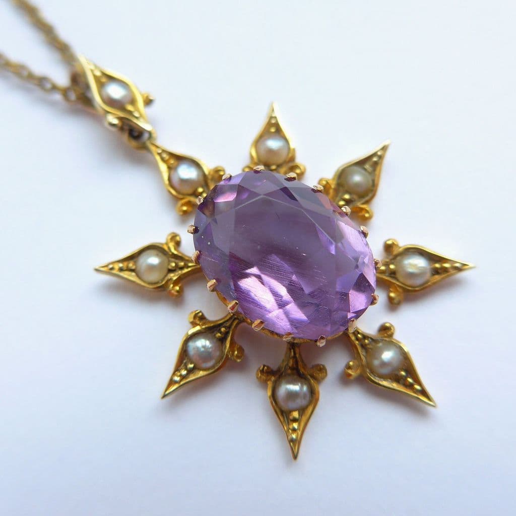 SOLD Antique Victorian Star Pendant Necklace With Real Amethyst & Pearl ...